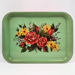 #7 Vintage Tole Painted Metal Tray Retro Floral Roses Cottage Farmhouse Country